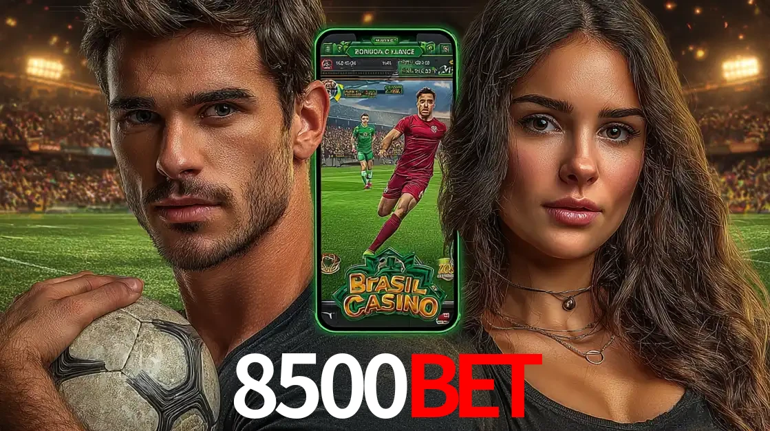Homem segurando uma bola de futebol e uma mulher ao lado de um smartphone exibindo o jogo de apostas esportivas da 8500BET. Faça seu palpite no cassino online.